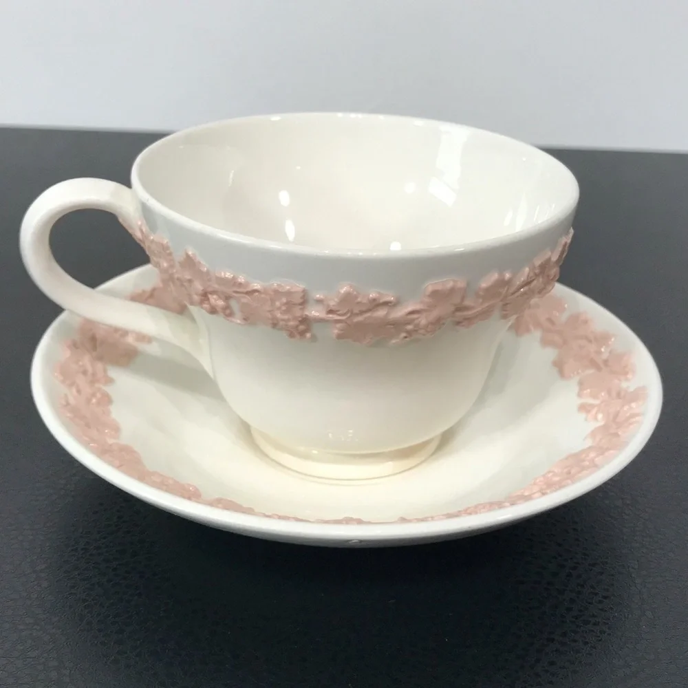 Wedgwood Etruria Embossed Queens Ware Pink on White Tea Cup Saucer Set England - Picture 8 of 16